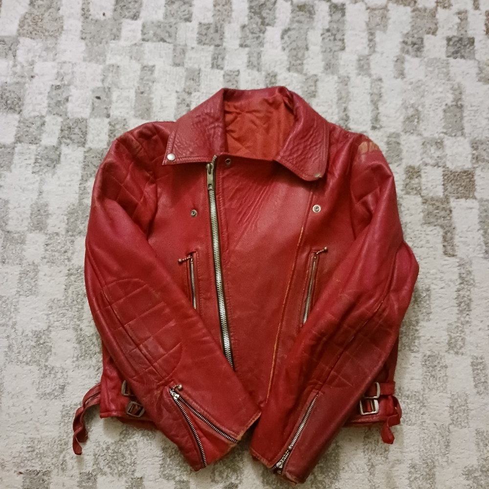 Vintage Red Leather biler Jacket, unisex, large